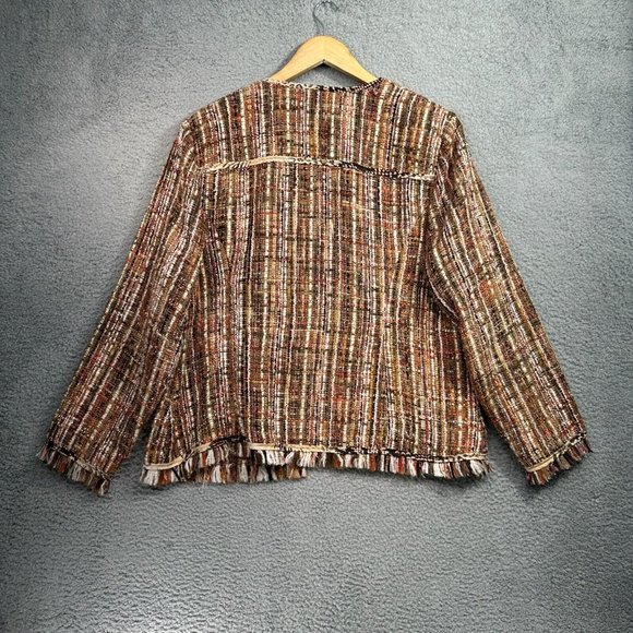 Chicos L-XL Size 3 Jacket nubby woven Tweed Brown Fringe designer style pockets - Picture 9 of 14